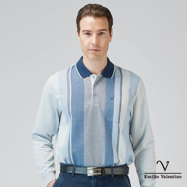 【Emilio Valentino 范倫鐵諾】蓄熱保暖棉質磨毛定位直條紋長袖POLO衫 藍(21-3V7896)