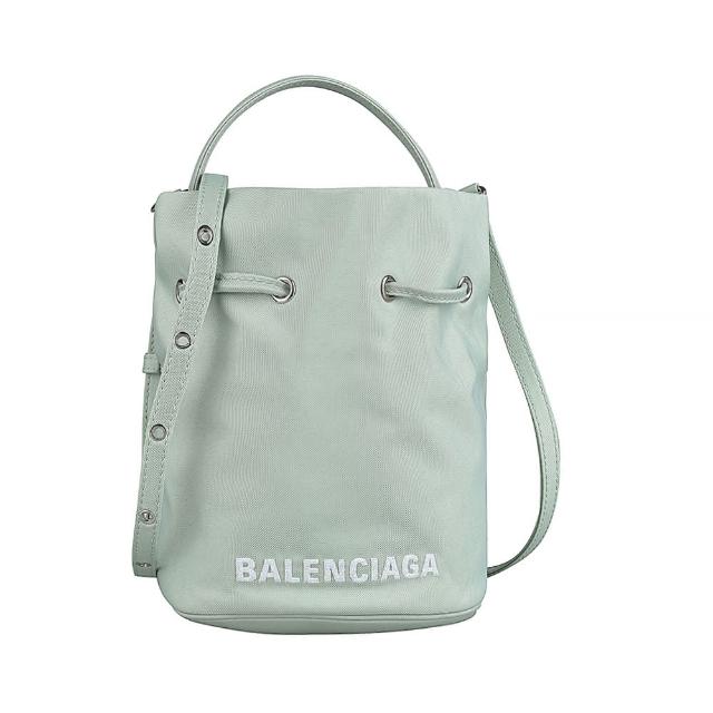 【Balenciaga 巴黎世家】BALENCIAGA巴黎世家Wheel標籤字母LOGO尼龍手提斜背兩用水桶包(淡綠x白)