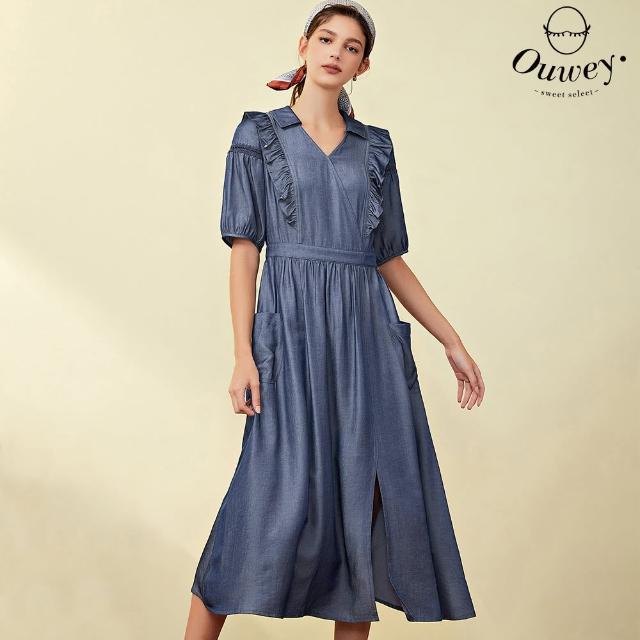 【OUWEY 歐薇】微甜光澤感荷葉造型五分袖洋裝(藍色；S-L；3223028723)