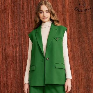 【OUWEY 歐薇】時尚綠高質感斜紋寬肩長版西裝背心(綠色；S-M；3223393003)