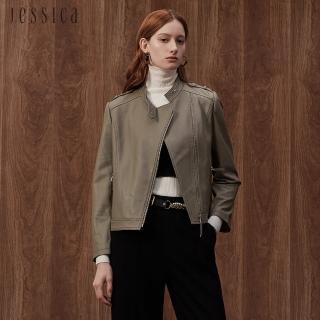 【JESSICA】帥氣修身顯瘦側拉鏈立領皮衣外套J35007（灰褐）