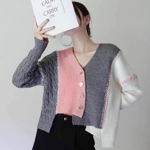 【BBHONEY】造型色塊拼接補丁針織外套(現貨針織外套)