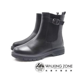 【WALKING ZONE】女 甜美皮釦襪套中筒短靴 女鞋(黑)
