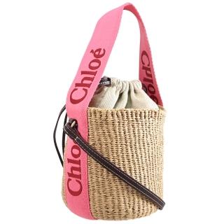 【Chloe’ 蔻依】Woody 經典品牌LOGO織帶草編水桶包兩用包(桃粉邊)