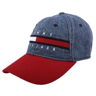 【Tommy Hilfiger】經典紅白槓字母繡線棒球帽(紅x丹寧藍)
