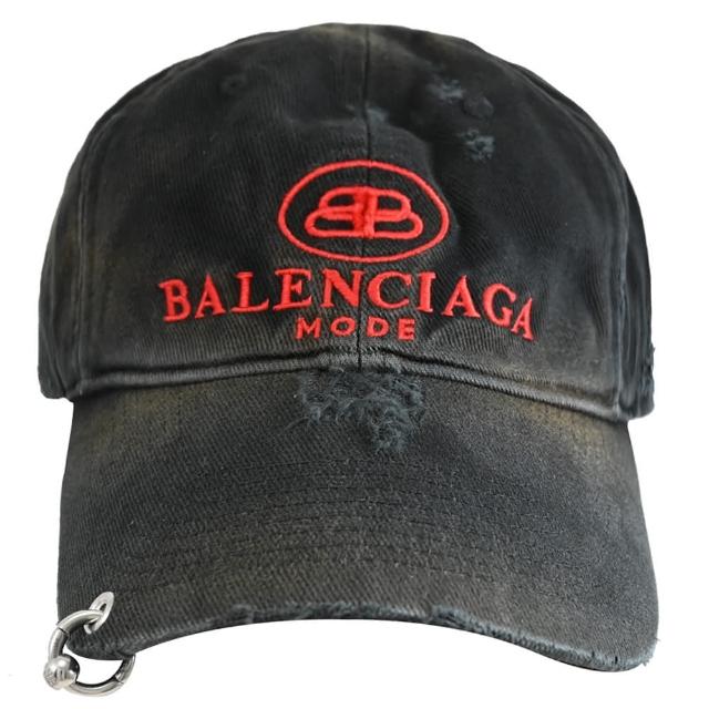 【Balenciaga 巴黎世家】經典電繡LOGO毛邊仿舊風個性鴨舌帽棒球帽(黑)