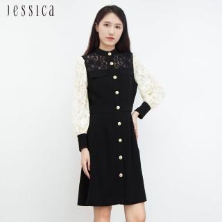 【JESSICA】復古刺繡蕾絲拼接撞色長袖洋裝J30462
