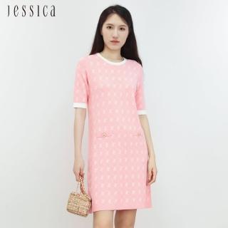 【JESSICA】優雅清新減齡菱格紋短袖針織洋裝J30416（粉）