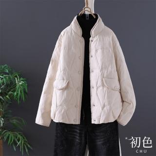 【初色】純色簡約立領大口袋絨毛包邊鋪棉大衣外套休閒外套-共3色-32066(M-2XL可選)