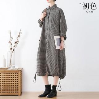 【初色】日系翻領寬鬆長款長袖襯衫連身洋裝長洋裝-格紋-32160(F可選)