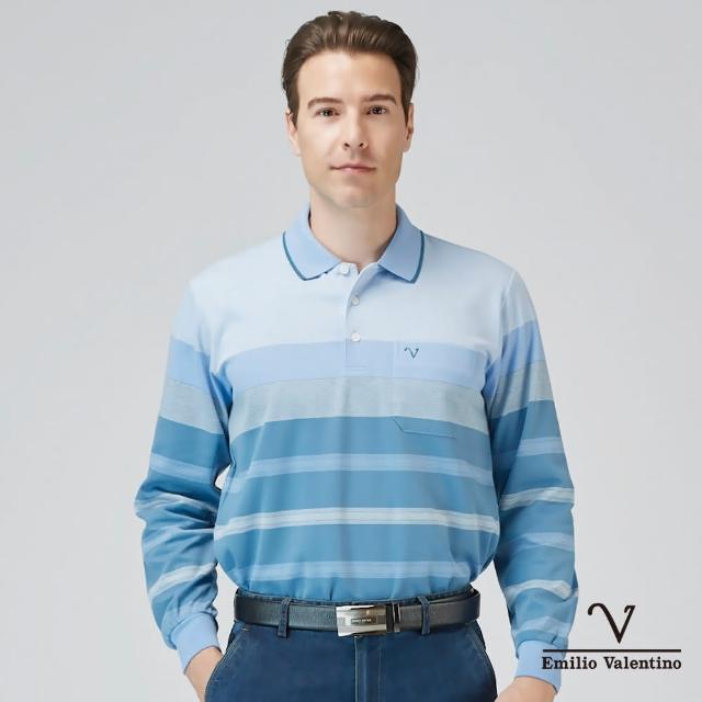 【Emilio Valentino 范倫鐵諾】蓄熱保暖棉質磨毛定位條紋長袖POLO衫 水藍(66-3V7171)