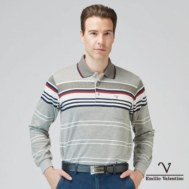 【Emilio Valentino 范倫鐵諾】蓄熱保暖棉質磨毛定位條紋長袖POLO衫 灰 紅(66-3V7170)