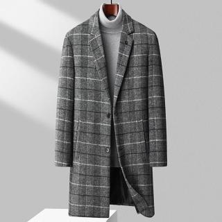 【米蘭精品】羊毛大衣毛呢外套(中長款格紋風衣保暖男外套3色74hi1)