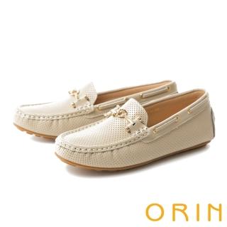 【ORIN】牛皮金屬飾釦洞洞平底鞋(米色)