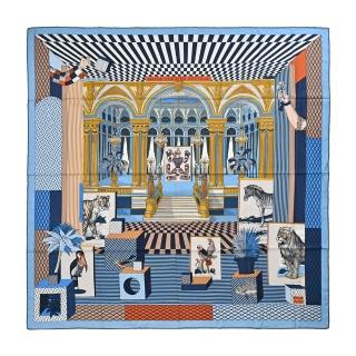 【Hermes 愛馬仕】Grand Theatre Nouveau shawl 140 cm手工捲邊喀什米爾與真絲混紡方巾(藍)