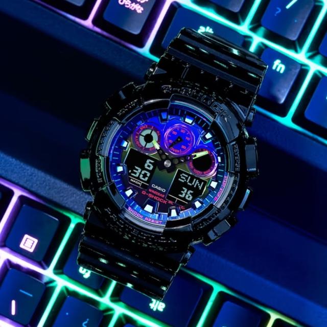 【CASIO 卡西歐】G-SHOCK 虛擬彩虹系列 多彩光譜雙顯腕錶 女王節(GA-100RGB-1A)