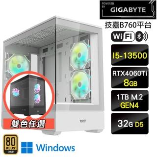 【技嘉平台】i5十四核GeForce RTX 4060Ti Win11P{隔岸觀海W}電競機(I5-13500/B760/32G/1TB)