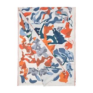 【Hermes 愛馬仕】Puzzle Vegetal 手工捲邊喀什米爾與真絲混紡圍巾(藍/橙)