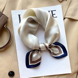 【JC Collection】蠶絲質感四季百搭絲滑柔軟雙色邊小領巾絲巾(白色藍邊)