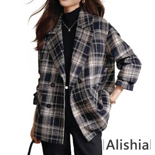 【Alishia】寬鬆流行格紋西裝領大衣外套 S-2XL(現+預 深藍色)