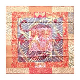 【Hermes 愛馬仕】Jungle Love stamped 70 cm手工捲邊斜紋真絲方巾(米/胭脂紅/古銅)