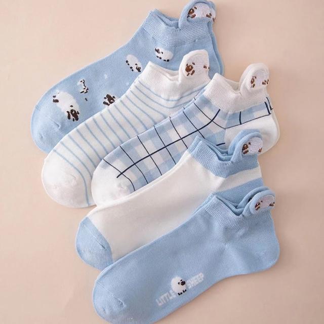 【JC Collection】日系學院風可愛綿羊刺繡透氣帆船襪5雙一組(藍白、藍白條紋)