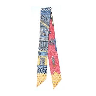 【Hermes 愛馬仕】Super Silk Quest Twilly絲巾(藍/米金/棕)