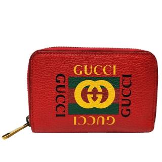 【GUCCI 古馳】496319 經典Gucci Print系列復古風格綠紅綠標誌小牛皮拉鍊卡夾/零錢包(紅色)