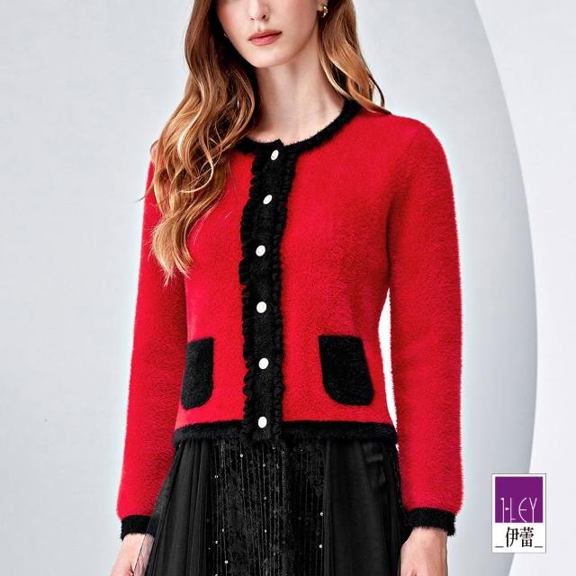 【ILEY 伊蕾】毛絨絨針織珍珠荷葉開襟外套(紅色；M-XL；1234465201)