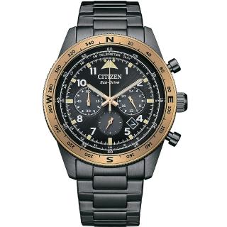 【CITIZEN 星辰】光動能航空三眼計時手錶-黑X香檳金 送行動電源(CA4556-89E)
