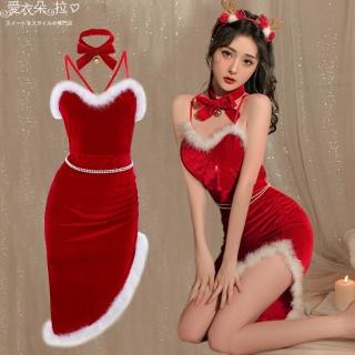 【愛衣朵拉】聖誕節服裝 聖誕禮物 斜裙擺紅色洋裝(甜美耶誕派對性感情趣睡衣)