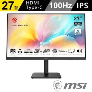 【MSI 微星】Modern MD272QXP 27型 IPS WQHD 100Hz 美型螢幕(Type-C/內建喇叭/TUV護眼)