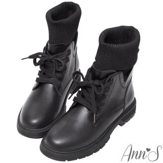 【Ann’S】多種穿法針織襪靴 綁帶造型真皮平底短靴3cm(黑)