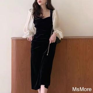 【MsMore】金絲絨連身裙法式方領泡泡長袖大碼顯瘦長版洋裝#120319(黑)