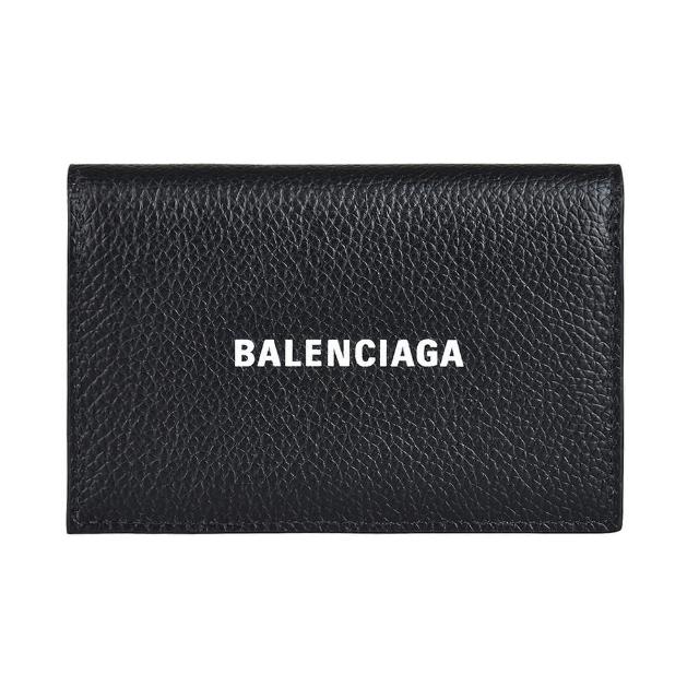 【Balenciaga 巴黎世家】BALENCIAGA白母LOGO荔枝紋小牛皮2卡翻蓋釦式卡片夾(黑)