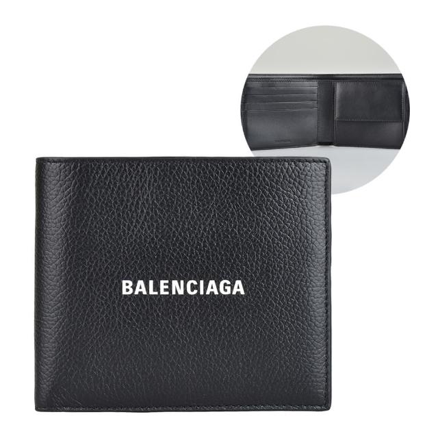 【Balenciaga 巴黎世家】BALENCIAGA字母LOGO荔枝紋小牛皮4卡對折釦式零錢短夾(黑)