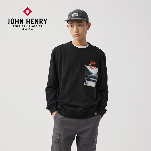 【JOHN HENRY】印圖修身長袖上衣-黑