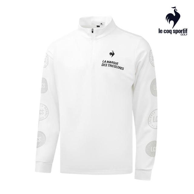 【LE COQ SPORTIF 公雞】高爾夫系列 男款白色袖標章印花POLO長袖棉衫 QGS2T109