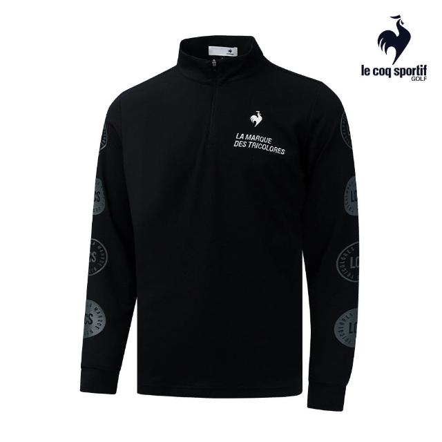 【LE COQ SPORTIF 公雞】高爾夫系列 男款黑色袖標章印花POLO長袖棉衫 QGS2T109