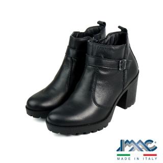 【IMAC】義大利經典粗跟扣飾真皮短靴 黑色(458360-BL)