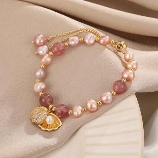 【I.Dear Jewelry】網紅氣質款巴洛克草莓晶粉晶珍珠貝殼串珠手鍊(網紅/甜美/藝術品)