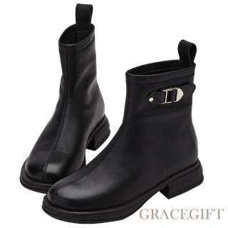 【Grace Gift】質感方釦中車線圓頭短靴