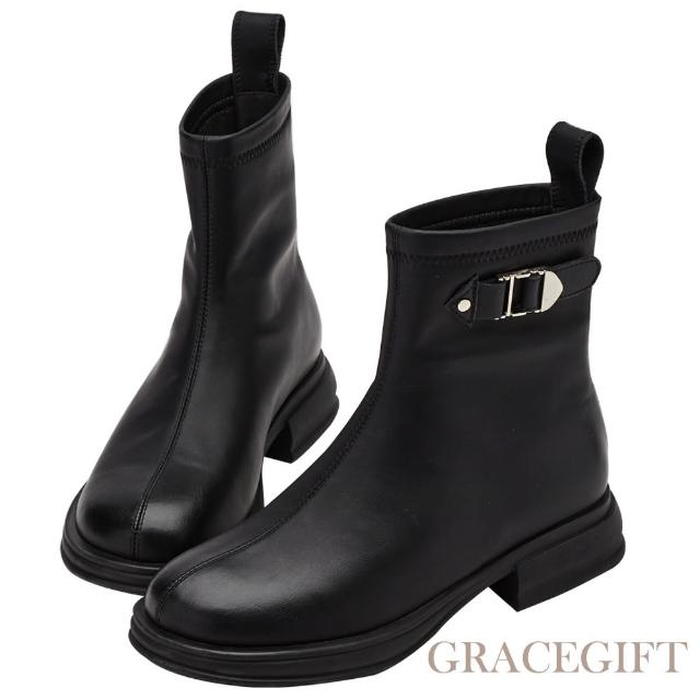 【Grace Gift】質感方釦中車線圓頭短靴
