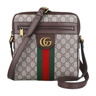 【GUCCI 古馳】GUCCI Ophidia雙G字LOGO印花帆布綠紅綠條紋拉練肩背/斜背郵差包(小/米x烏木棕)