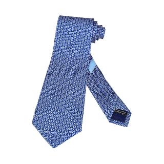 【Salvatore Ferragamo】SALVATORE FERRAGAMO GANCINI標籤LOGO印花真絲幾何線圈設計領帶(寬版/藍)