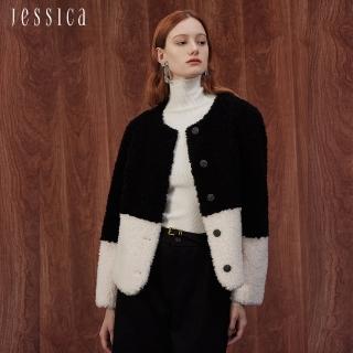 【JESSICA】時尚百搭保暖黑白拼色羊毛外套J35010