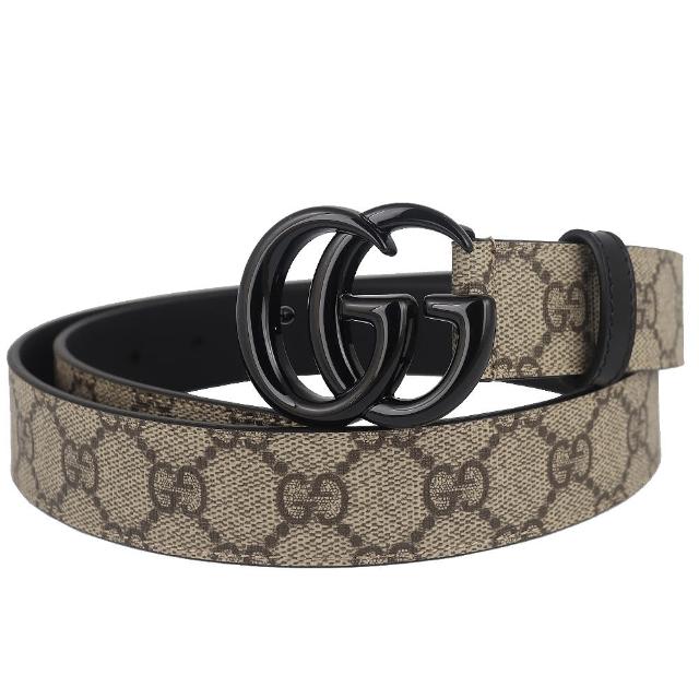 【GUCCI 古馳】Marmont  雙G防水帆布皮帶(卡其黑色/95cm)