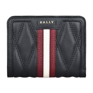 【BALLY】BALLY DAKI金字LOGO絎縫設計菱格紋羊皮4卡扣式短夾(黑x紅白紅條紋)