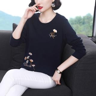 【Paiya 派亞】春秋新款大碼寬鬆型媽媽裝氣質圓領純色長袖T恤上衣(M-4XL)
