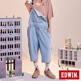 【EDWIN】男裝 橘標 寬版吊帶牛仔短褲(重漂藍)